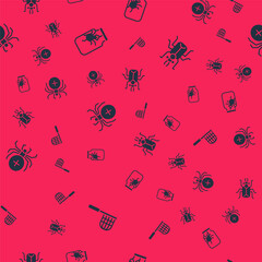 Set Butterfly net, Spider in jar, and Beetle bug on seamless pattern. Vector.
