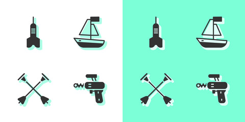 Sticker - Set Ray gun, Dart arrow, Arrow with sucker tip and Toy boat icon. Vector.