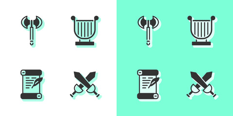 Set Crossed medieval sword, Medieval axe, Decree, parchment, scroll and Ancient lyre icon. Vector.