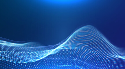 Wave of blue particles. Abstract technology flow background. Sound mesh pattern or grid landscape. Digital data structure consist dot elements. Future vector illustration.