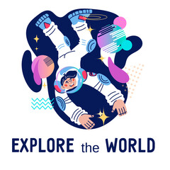 Wall Mural - Explore the world banner or poster concept for Cosmonautics day or planetarium astronomy educational program with astronaut in space. Universe research and space exploration, cartoon vector.