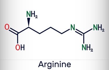 Poster - Arginine, Arg, L-arginine, R essential amino acid molecule, it is used in the biosynthesis of proteins. Skeletal chemical formula. Vector illustration