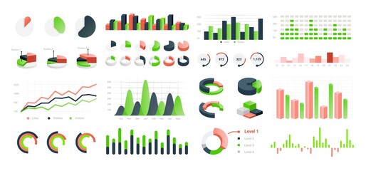 Poster - Graphic charts. Infographic statistic bars and circle diagrams for data presentation, comparison histogram elements. Types set of isolated colorful analytic graphs. Vector information visualization