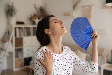What A Heat. Exhausted Young Female Housewife Suffer From Extra Hot Temperature At Home Apartment Wave Herself Use Hand Weaver. Overheated Millennial Woman Cool Air With Paper Fan Miss Air Conditioner