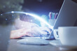 © peshkova - Double exposure of woman hands typing on computer and social network theme hologram drawing. People media concept.