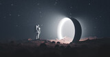 Fototapeta  - Astronaut on foreign planet in front of spacetime portal light