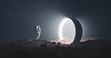 Wall Mural - Astronaut on foreign planet in front of spacetime portal light