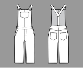 Sticker - Dungarees Denim overall jumpsuit technical fashion illustration with knee length, normal waist, high rise, pockets, Rivets. Flat garment front back, white color style. Women, men unisex CAD mockup