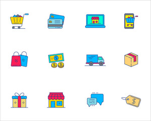 Canvas Print - Set of e-commerce vector illustration isolated on white background. Online shopping icon collection with linear color style
