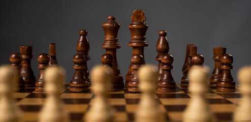 Wall Mural - Blurred white pawns against group of black chess figures on chessboard