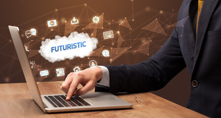 businessman working on laptop with futuristic inscription, modern technology concept