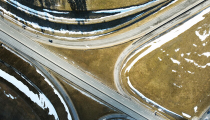 Top view of the crossroads of asphalt roads and highways