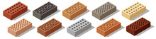 Isometric Bricks Isolated. Set Of Colorful 3d Bricks For Construction And Building. Objects With Shadows On White Background