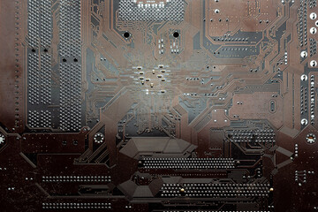 Computer electronic microcircuit, motherboard, tracks. Computer security, technology, neural networks.