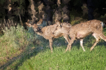 Poster - Impressionistic Style Artwork of Deer Walking Freely Across an Open Field