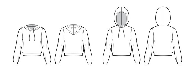 Set of Hoody sweatshirt technical fashion illustration with elbow sleeves, relax body, banded hem, drawstring. Flat apparel template front, back, white color style. Women, men, unisex CAD mockup