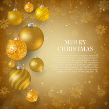 Christmas Background With Gold Christmas Baubles. Elegant Christmas Background With Gold Glitter Evening Balls