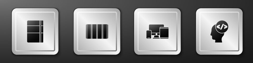 Set Sketchbook or album, Color palette guide, Monitor, mobile, tablet and Front end development icon. Silver square button. Vector.