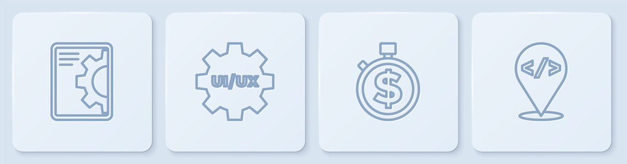 Set line Web development, Time is money, UI or UX design and Front end. White square button. Vector.