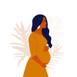 © aksinyalady - Pregnant woman with long hair on a background of leaves. The concept of pregnancy, motherhood, family. Happy mum. Pregnant belly side view. Pregnancy concept. Pregnant woman holds her belly. Modern