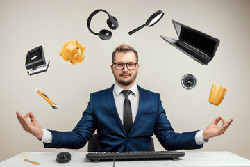 Wall Mural - Businessman with many hands in a suit. Works simultaneously with several objects, a mug, a magnifying glass, papers, a contract, a telephone. Multitasking, efficient business worker concept.