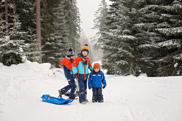 Canvas Print - Sweet happy children, siblings, playing in the snow,