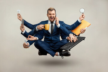 Businessman with many hands in a suit. Works simultaneously with several objects, a mug, a magnifying glass, papers, a contract, a telephone. Multitasking, efficient business worker concept.