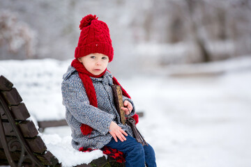 Poster - Beautiful toddler child, cute boy, playing in snowy park winter time