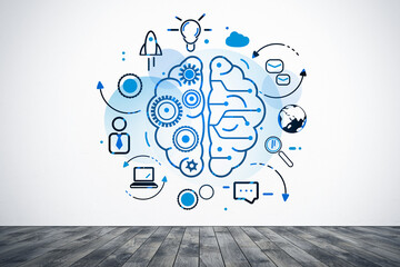 Wall Mural - creative brain icon, business sketch with network signs