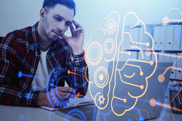 Wall Mural - businessman with laptop and business sketch, double exposure
