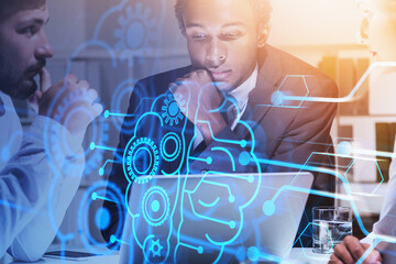 Wall Mural - business people with laptop and business sketch, double exposure