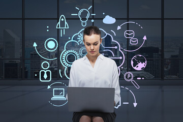Wall Mural - businesswoman with laptop and brain sketch, double exposure