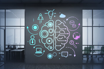 Wall Mural - creative brain icon, business sketch on black wall
