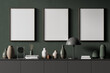© ImageFlow - Three mock up posters frame on wall in modern interior background, living room. Books vase lamp on cabinet. Scandinavian style. 3D rendering.