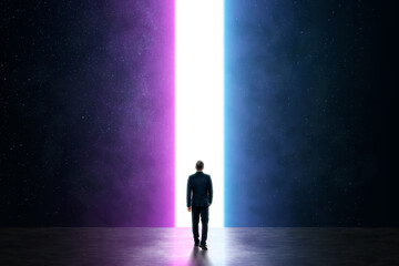 Silhouette of a man in a business suit in front of a glowing neon portal, futuristic background, abstract architecture.