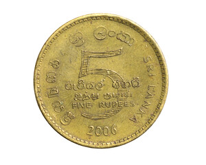 Sri Lanka five rupee coin on a white isolated background