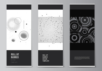 Wall Mural - Vector layout of roll up mockup templates for vertical flyers, flags design templates, banner stands, advertising. Abstract technology black color science background. Digital data. High tech concept.