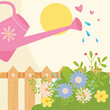Spring watering can with flowers and fence vector design