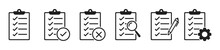Clipboard Icon Set In Line Style, Checkmarks Clip Board, Crossed, Clipboard With Gear, Pen And Magnifier, Quality Check Symbol, Vector Illustration