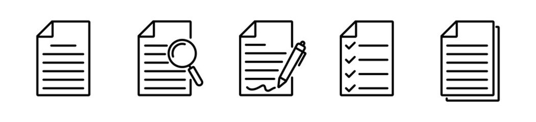 Paper documents icon set in line style. Paper with pen and magnifier. Pen signing a paper, File symbol, vector illustration