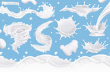 Milk splashes set. Seamless pattern 3d realistic vector