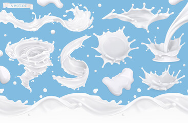 milk splashes set. seamless pattern 3d realistic vector