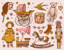 Vector Hand-drawn Set Of Pastel Colors Vintage Toys. Collection Of Children's Toys, Doll, Baby Carriage, Train, Nutcracker, Drum, Teddy Bear, Wooden Horse, Stick Horse, Christmas Toys.