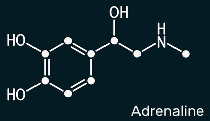 Poster - Adrenaline, epinephrine molecule.  It is hormone, neurotransmitter, medication. Used as drug due to its various important functions. Skeletal chemical formula on the dark blue background