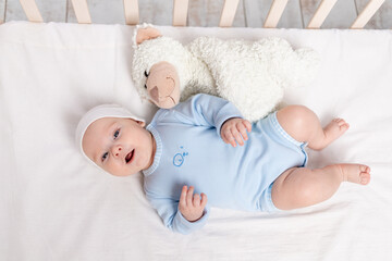 Wall Mural - baby in the crib, laughing baby 3 months lying with a teddy bear toy, children and birth concept