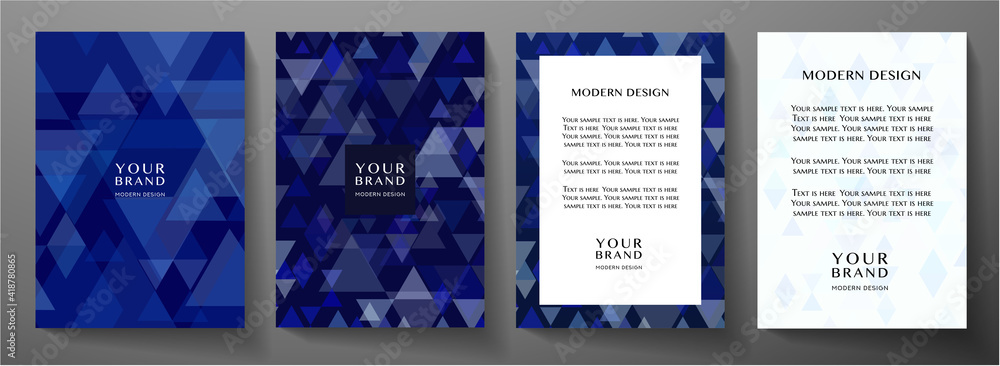 Modern cover, frame design set with abstract creative triangle pattern. Blue geometric vector backdrop for notebook cover, business background, brochure template - obrazy, fototapety, plakaty 