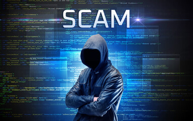 Poster - Faceless hacker with SCAM inscription on a binary code background