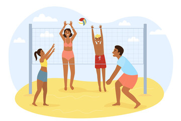 Wall Mural - People playing volleyball on the beach. Active family playing beach volleyball. Family holidays. Vector flat illustraition.