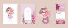 Modern Minimal Art Deco Wedding Vector Invitation Set. Boho Rose, Pampas Grass, Dahlia Card Template