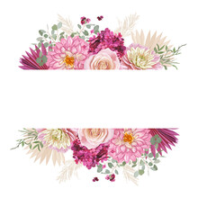 Watercolor Floral Wedding Vector Frame. Pampas Grass, Rose, Dahlia Flowers Luxury Design, Dry Palm Leaves
